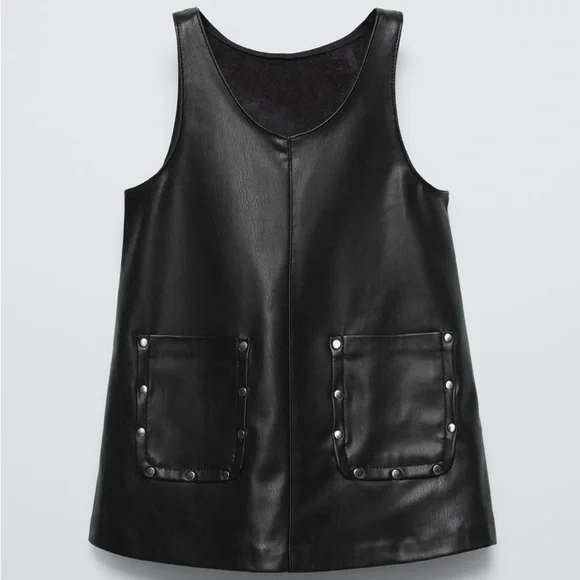 NWT Zara girls Black studded pinafore Faux Leather Kids Dress 3T - Picture 1 of 3